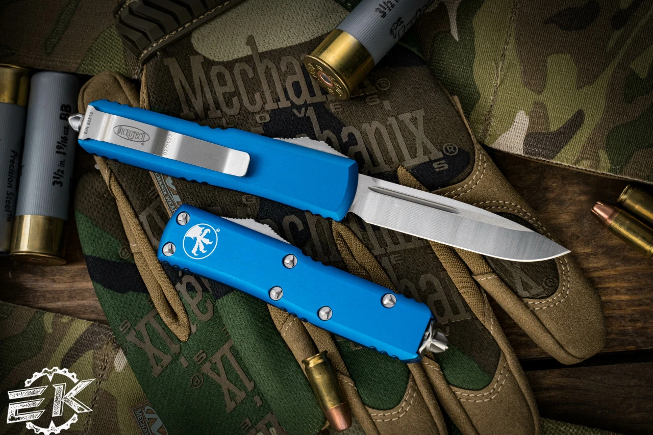 Microtech UTX-85 OTF Automatic Knife Blue 3.1" Satin Drop Point 231-4BL 4 Microtech UTX-85 OTF Automatic Knife Blue 3.1" Satin Drop Point 231-4BL - Image 2