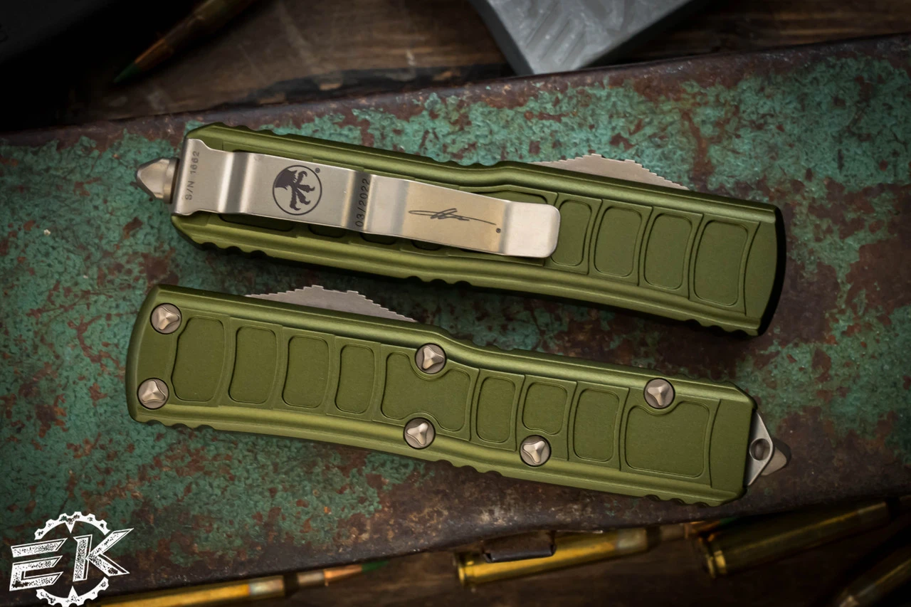 Microtech UTX-85 II Stepside OTF Automatic Knife OD Green 3.1" Drop Point Bronze 231II-13ODS 5 Microtech UTX-85 II Stepside OTF Automatic Knife OD Green 3.1" Drop Point Bronze 231II-13ODS - Image 3