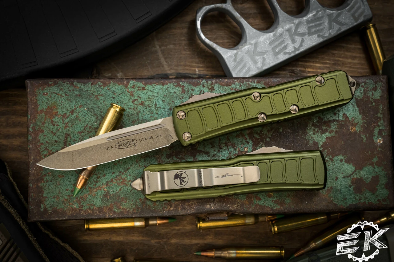 Microtech UTX-85 II Stepside OTF Automatic Knife OD Green 3.1" Drop Point Bronze 231II-13ODS 3 Microtech UTX-85 II Stepside OTF Automatic Knife OD Green 3.1" Drop Point Bronze 231II-13ODS
