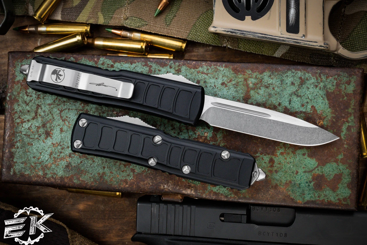 Microtech UTX-85 II Stepside OTF Automatic Knife 3.1" Drop Point Stonewash 231II-10S 4 Microtech UTX-85 II Stepside OTF Automatic Knife 3.1" Drop Point Stonewash 231II-10S - Image 2