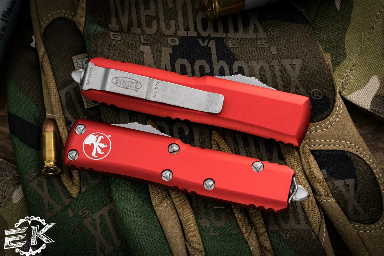 Microtech UTX-85 OTF Automatic Knife Red 3.1" Dagger Apocalyptic Stonewash 232-10APRD 5 Microtech UTX-85 OTF Automatic Knife Red 3.1" Dagger Apocalyptic Stonewash 232-10APRD - Image 3