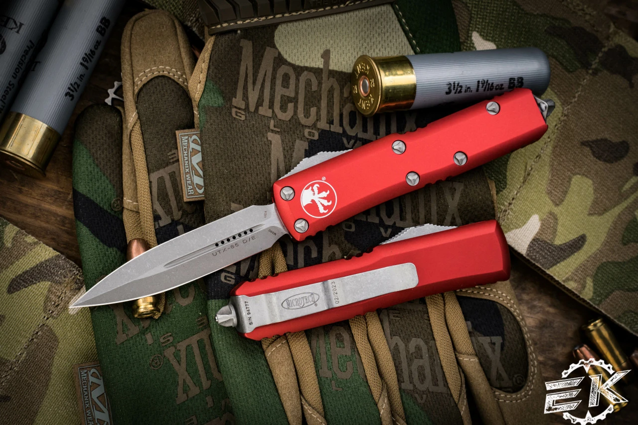 Microtech UTX-85 OTF Automatic Knife Red 3.1" Dagger Apocalyptic Stonewash 232-10APRD 3 Microtech UTX-85 OTF Automatic Knife Red 3.1" Dagger Apocalyptic Stonewash 232-10APRD