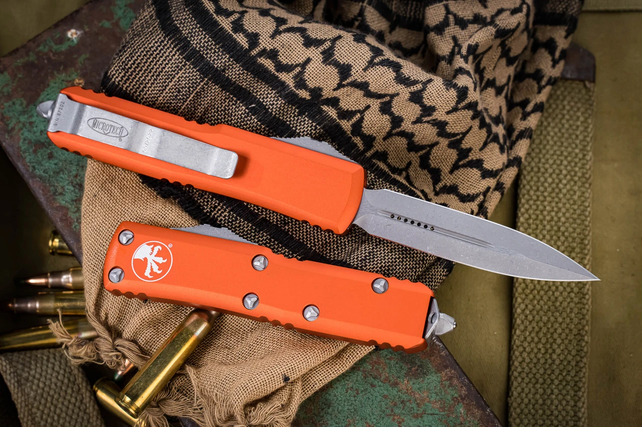 Microtech UTX-85 OTF Automatic Knife Orange 3.1" Dagger Apocalyptic Stonewash 232-10APOR 4 Microtech UTX-85 OTF Automatic Knife Orange 3.1" Dagger Apocalyptic Stonewash 232-10APOR - Image 2