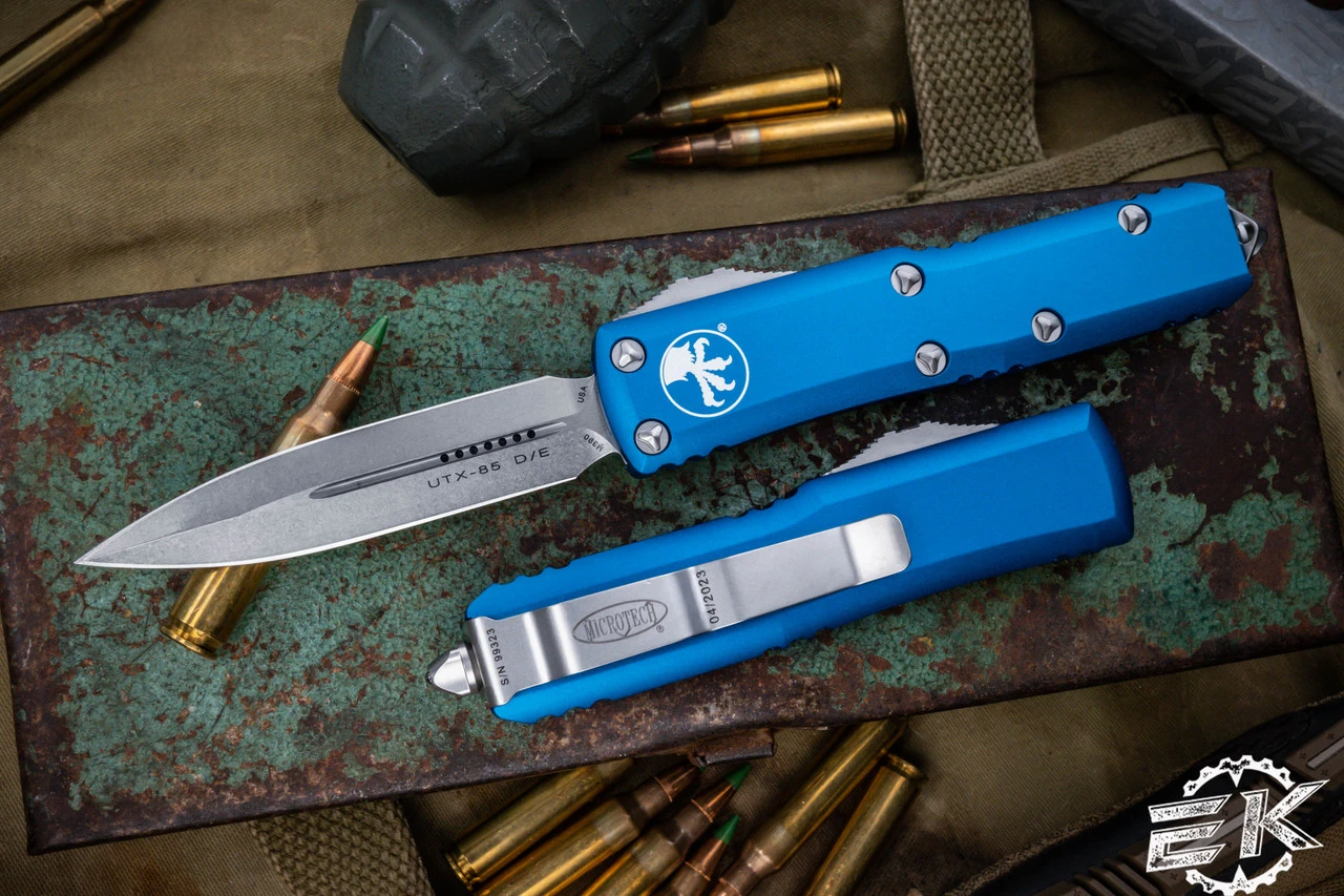 Microtech UTX-85 OTF Automatic Knife Blue 3.1" Dagger Stonewash 232-10BL 3 Microtech UTX-85 OTF Automatic Knife Blue 3.1" Dagger Stonewash 232-10BL