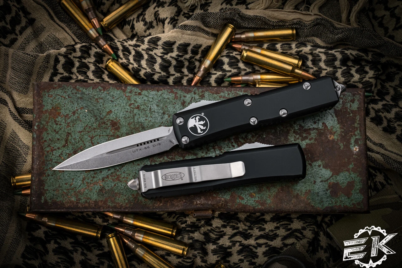 Microtech UTX-85 Black OTF Automatic Knife 3" Dagger Stonewash 232-10 3 Microtech UTX-85 Black OTF Automatic Knife 3" Dagger Stonewash 232-10