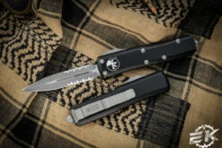 Microtech UTX-85 Black OTF Apocalyptic Stonewash Serrated 232-11AP
