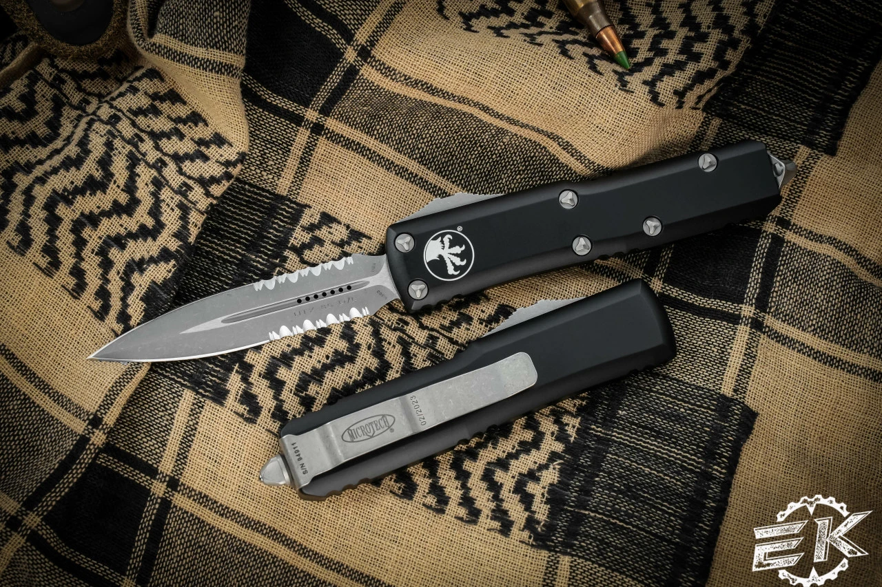 Microtech UTX-85 Black OTF Apocalyptic Stonewash Serrated 232-11AP 3 Microtech UTX-85 Black OTF Apocalyptic Stonewash Serrated 232-11AP