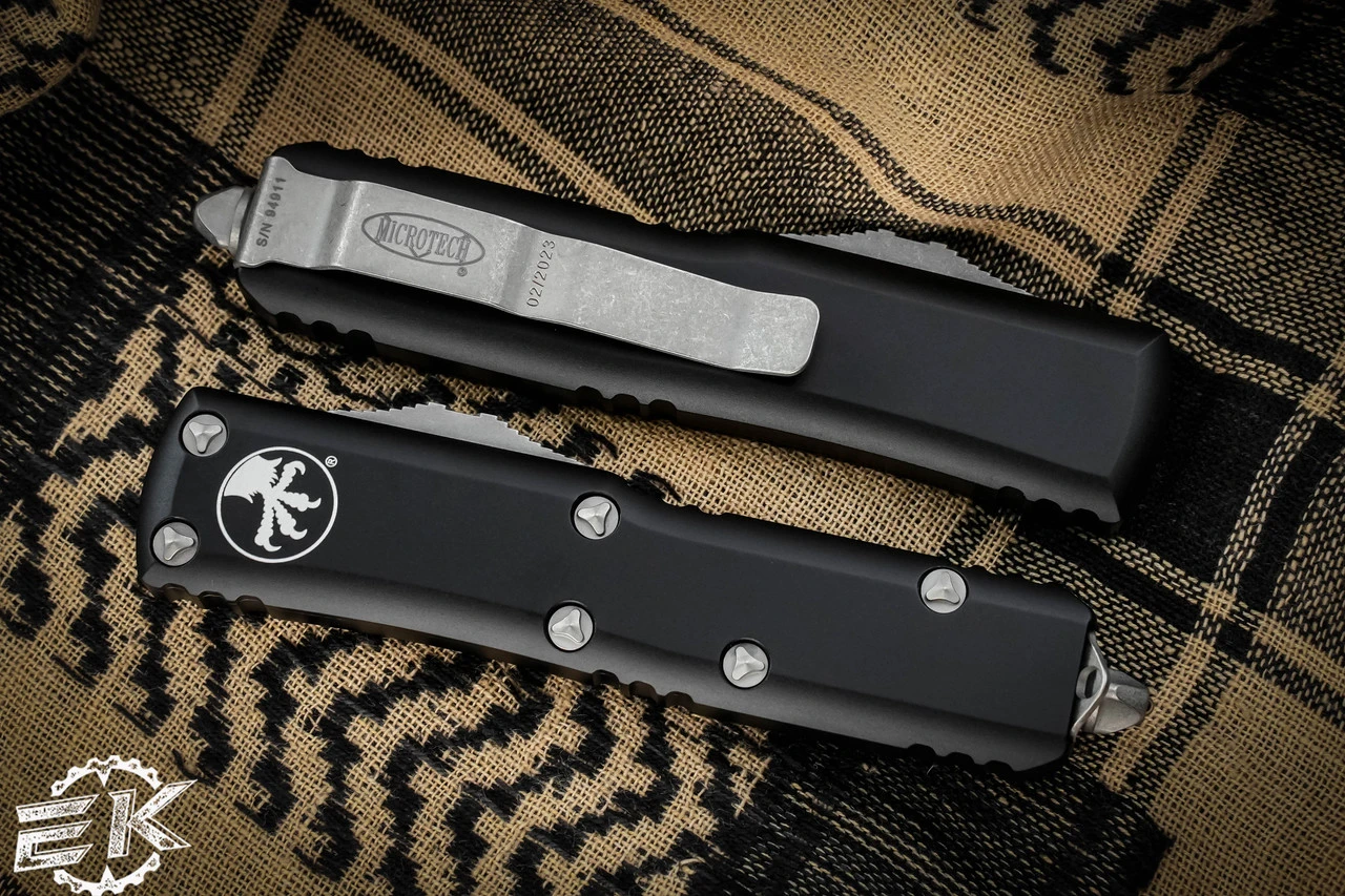 Microtech UTX-85 Black OTF Apocalyptic Stonewash Serrated 232-11AP 5 Microtech UTX-85 Black OTF Apocalyptic Stonewash Serrated 232-11AP - Image 3