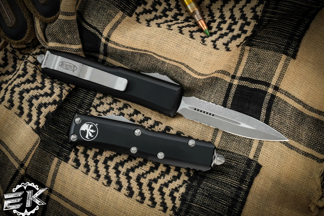 Microtech UTX-85 Black OTF Apocalyptic Stonewash Serrated 232-11AP 4 Microtech UTX-85 Black OTF Apocalyptic Stonewash Serrated 232-11AP - Image 2