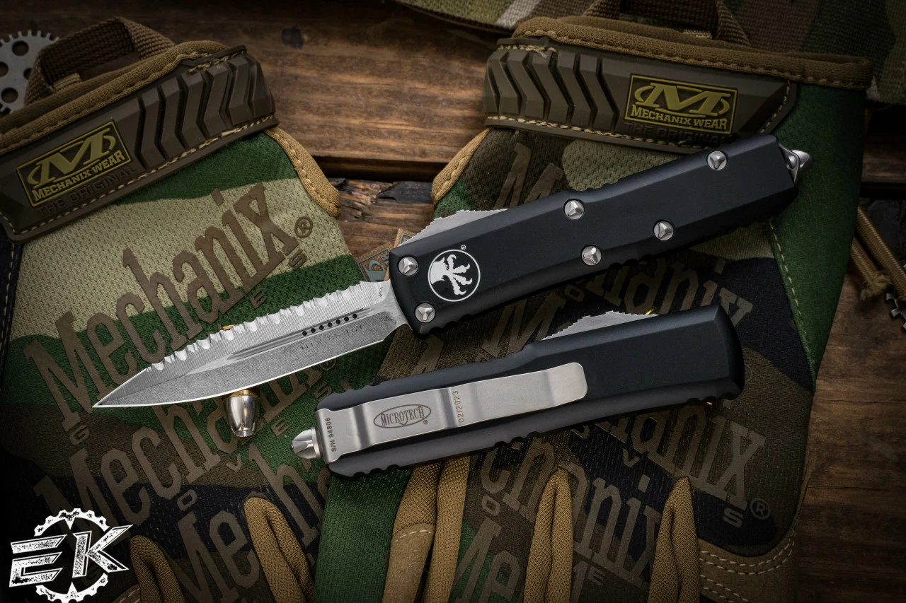 Microtech UTX-85 OTF Automatic Knife Black 3.1" Dagger Stonewash Serrated 232-12 3 Microtech UTX-85 OTF Automatic Knife Black 3.1" Dagger Stonewash Serrated 232-12