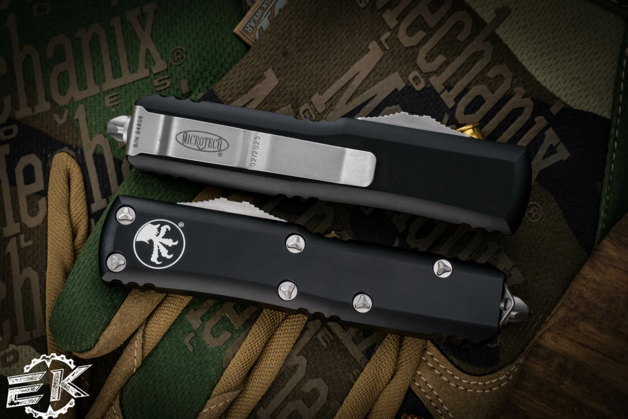 Microtech UTX-85 OTF Automatic Knife Black 3.1" Dagger Stonewash Serrated 232-12 5 Microtech UTX-85 OTF Automatic Knife Black 3.1" Dagger Stonewash Serrated 232-12 - Image 3
