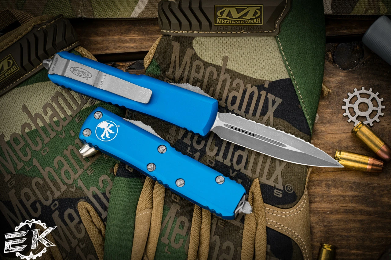 Microtech UTX-85 Blue OTF 3" Dagger Stonewash Apocalyptic Serrated 232-12APBL 5 Microtech UTX-85 Blue OTF 3" Dagger Stonewash Apocalyptic Serrated 232-12APBL - Image 3