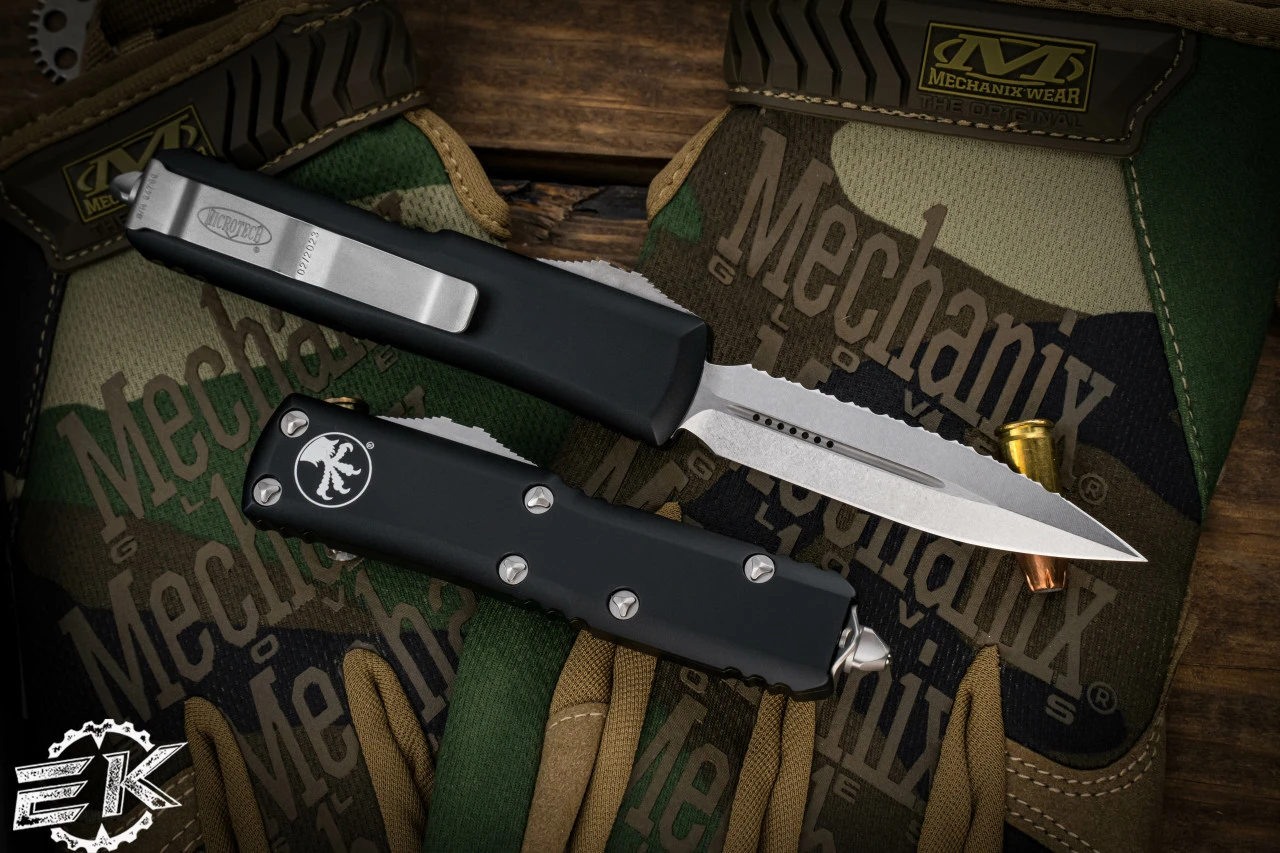 Microtech UTX-85 OTF Automatic Knife Black 3.1" Dagger Stonewash Serrated 232-12 4 Microtech UTX-85 OTF Automatic Knife Black 3.1" Dagger Stonewash Serrated 232-12 - Image 2