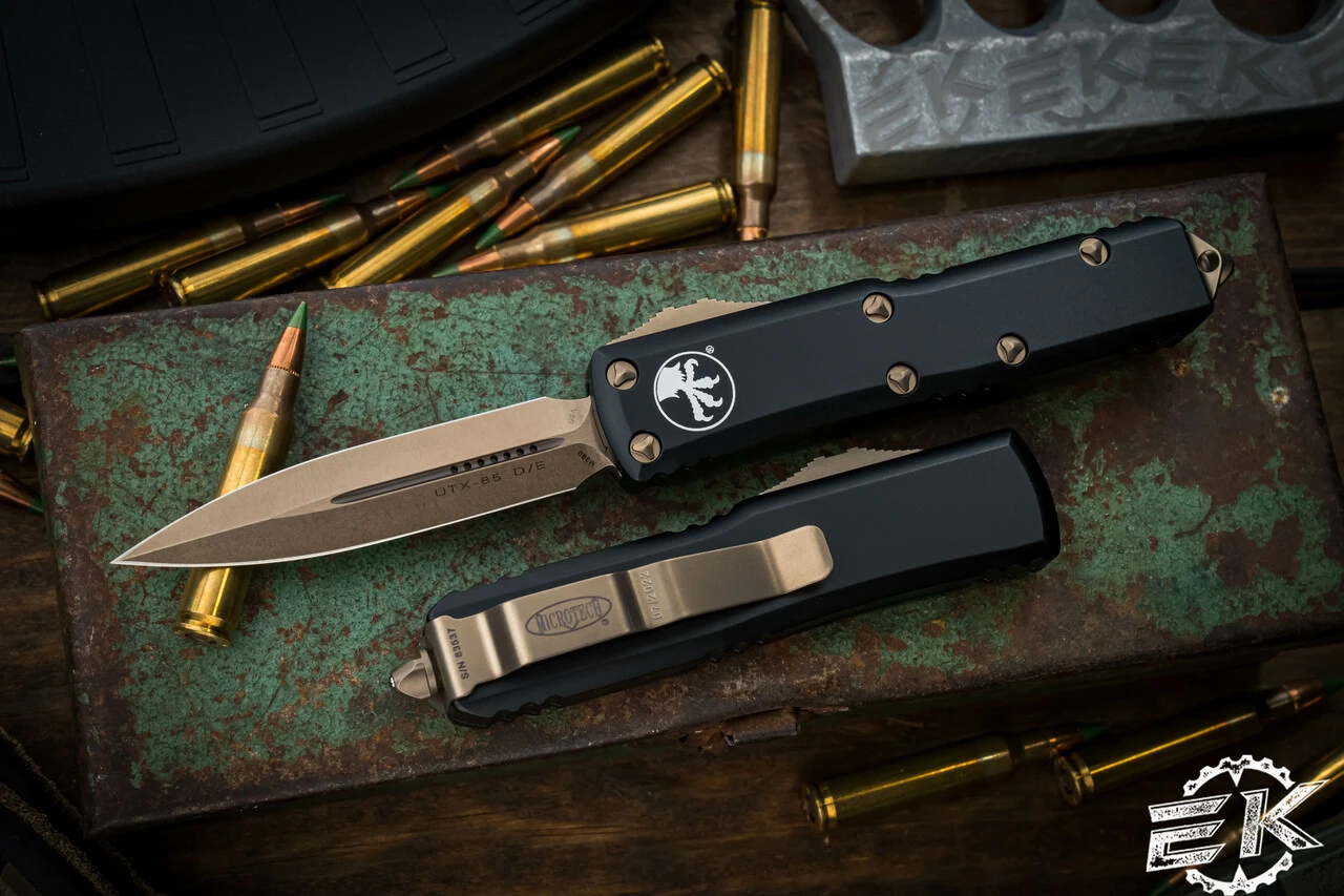 Microtech UTX-85 OTF Automatic Knife Black 3" Bronze Dagger 232-13 3 Microtech UTX-85 OTF Automatic Knife Black 3" Bronze Dagger 232-13