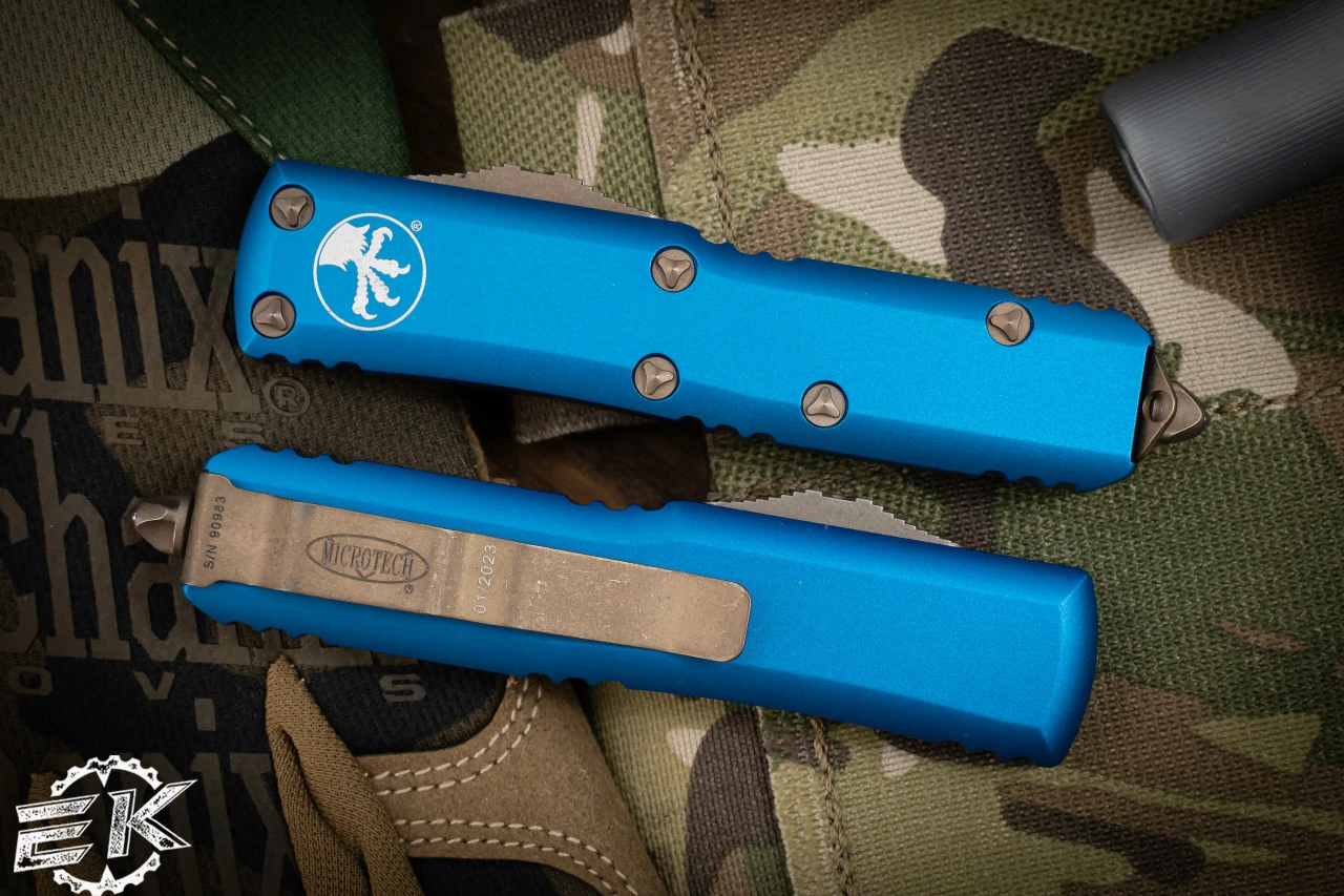 Microtech UTX-85 OTF Automatic Knife Blue 3.1" Dagger Bronze Apocalyptic 232-13APBL 5 Microtech UTX-85 OTF Automatic Knife Blue 3.1" Dagger Bronze Apocalyptic 232-13APBL - Image 3