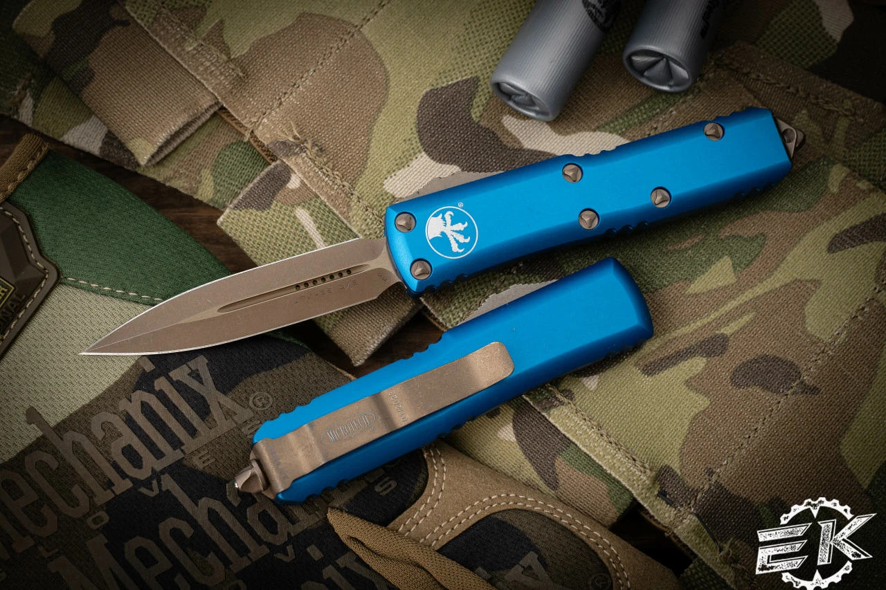 Microtech UTX-85 OTF Automatic Knife Blue 3.1" Dagger Bronze Apocalyptic 232-13APBL 3 Microtech UTX-85 OTF Automatic Knife Blue 3.1" Dagger Bronze Apocalyptic 232-13APBL