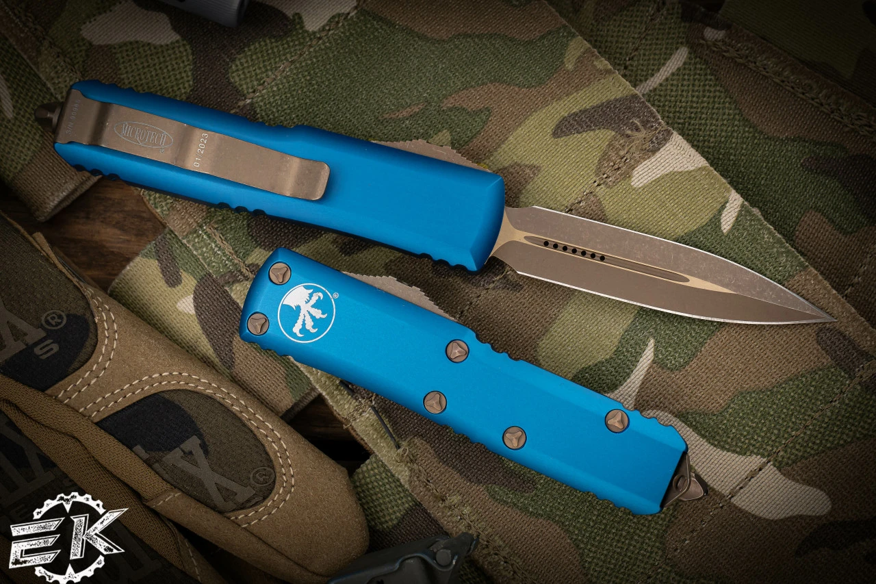 Microtech UTX-85 OTF Automatic Knife Blue 3.1" Dagger Bronze Apocalyptic 232-13APBL 4 Microtech UTX-85 OTF Automatic Knife Blue 3.1" Dagger Bronze Apocalyptic 232-13APBL - Image 2