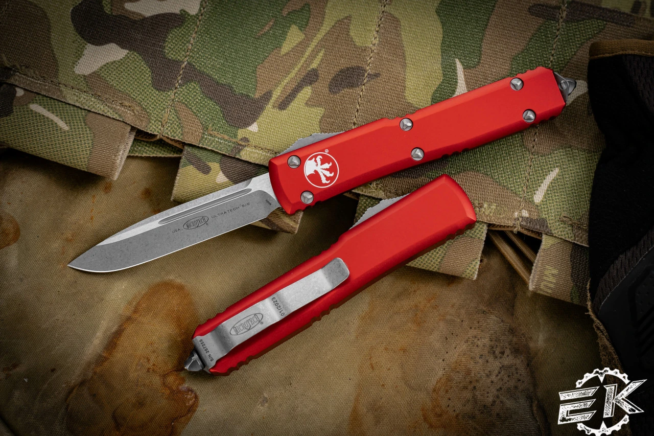 Microtech Ultratech OTF Automatic Knife Red 3.4" Drop Point Apocalyptic Stonewash 121-10APRD 3 Microtech Ultratech OTF Automatic Knife Red 3.4" Drop Point Apocalyptic Stonewash 121-10APRD