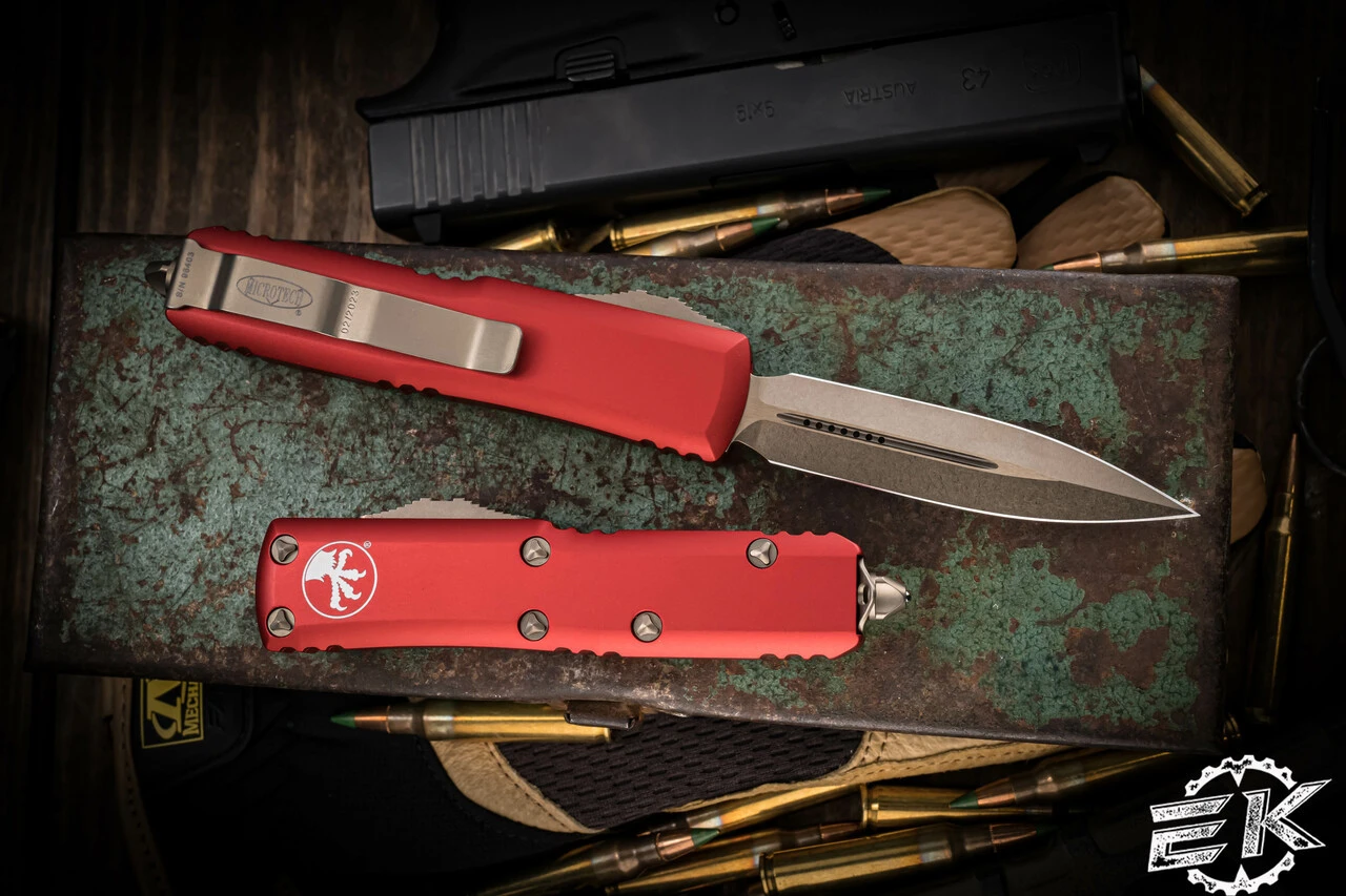 Microtech UTX-85 OTF Automatic Knife Red 3.1" Dagger Bronze 232-13RD 4 Microtech UTX-85 OTF Automatic Knife Red 3.1" Dagger Bronze 232-13RD - Image 2