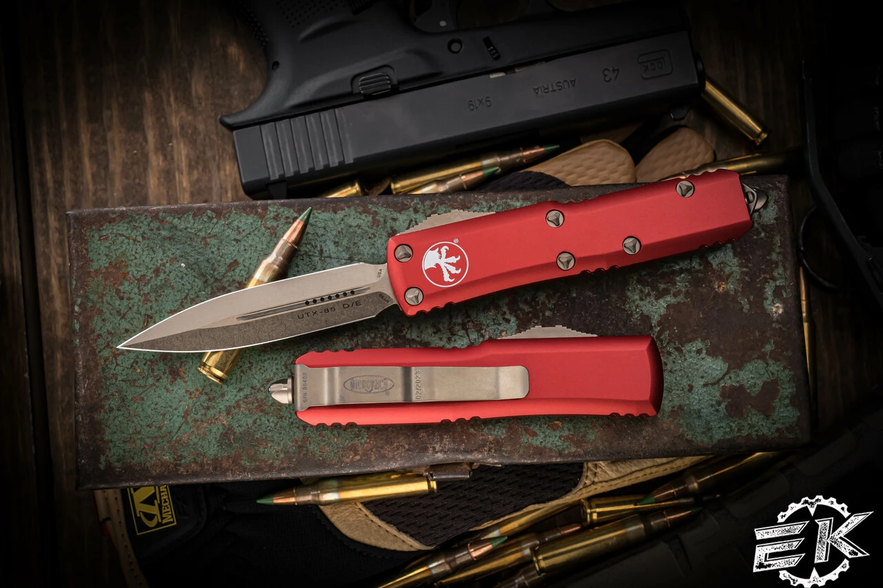 Microtech UTX-85 OTF Automatic Knife Red 3.1" Dagger Bronze 232-13RD 3 Microtech UTX-85 OTF Automatic Knife Red 3.1" Dagger Bronze 232-13RD