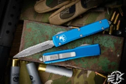 Microtech Ultratech Blue OTF Knife 3.4" Apocalyptic Double Full Serrated 122-D12APBL