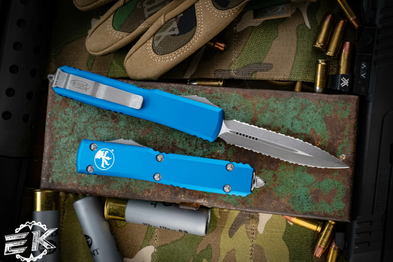 Microtech Ultratech Blue OTF Knife 3.4" Apocalyptic Double Full Serrated 122-D12APBL 5 Microtech Ultratech Blue OTF Knife 3.4" Apocalyptic Double Full Serrated 122-D12APBL - Image 3