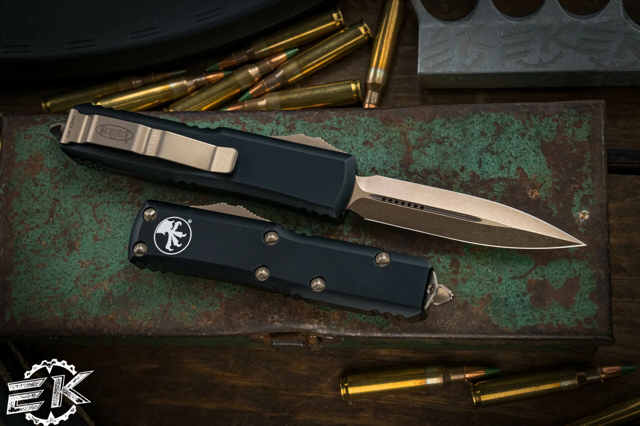 Microtech UTX-85 OTF Automatic Knife Black 3" Bronze Dagger 232-13 4 Microtech UTX-85 OTF Automatic Knife Black 3" Bronze Dagger 232-13 - Image 2
