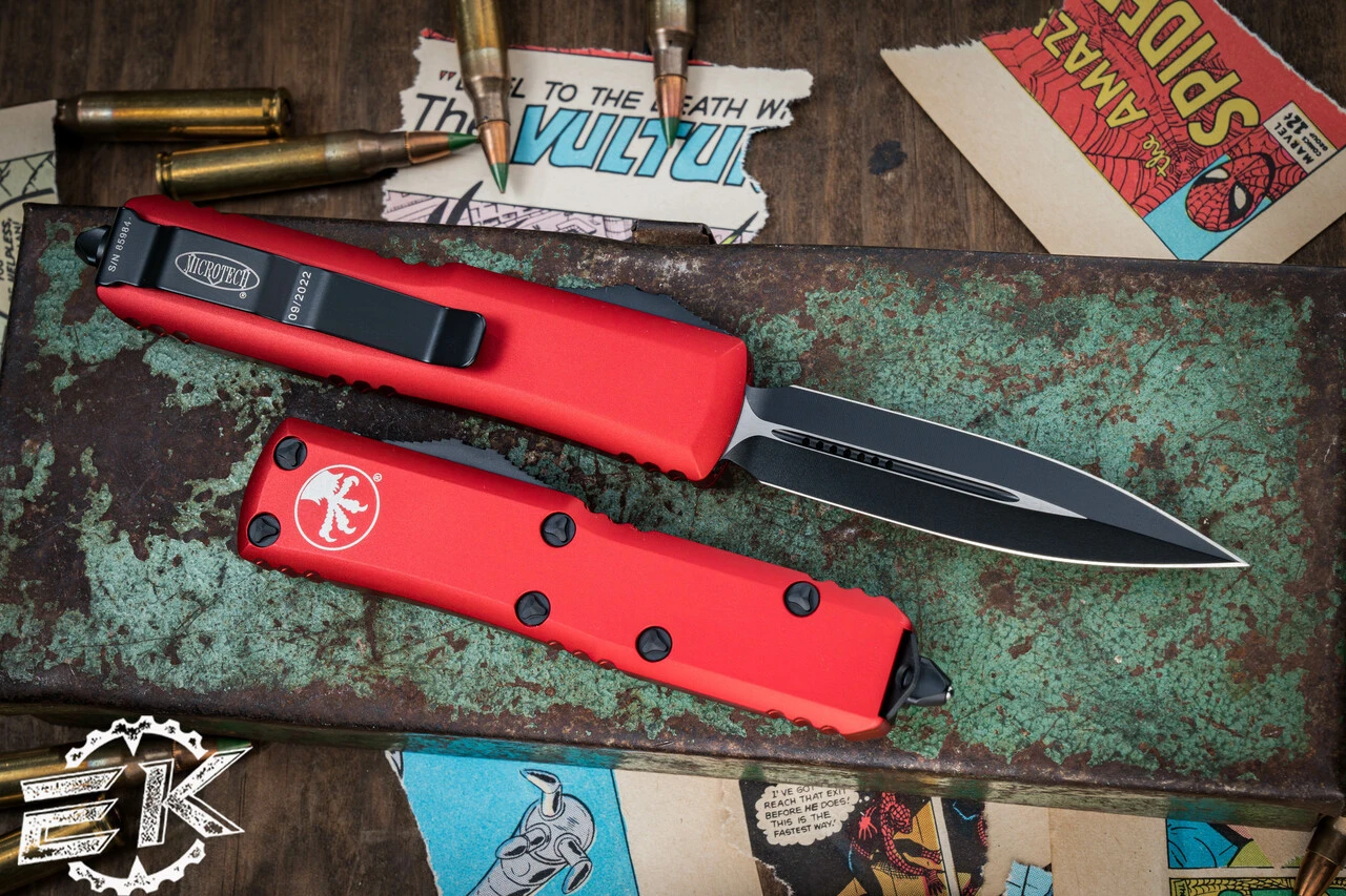 Microtech UTX-85 OTF Automatic Knife Red 3.1" Dagger Black 232-1RD 4 Microtech UTX-85 OTF Automatic Knife Red 3.1" Dagger Black 232-1RD - Image 2