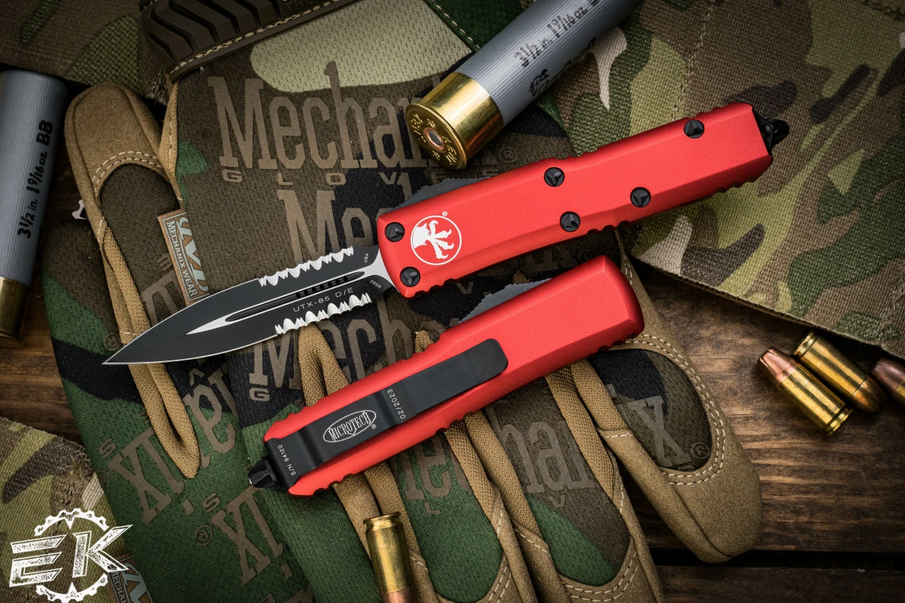 Microtech UTX-85 OTF Automatic Knife Red 3.1" Dagger Serrated Black 232-2RD 3 Microtech UTX-85 OTF Automatic Knife Red 3.1" Dagger Serrated Black 232-2RD