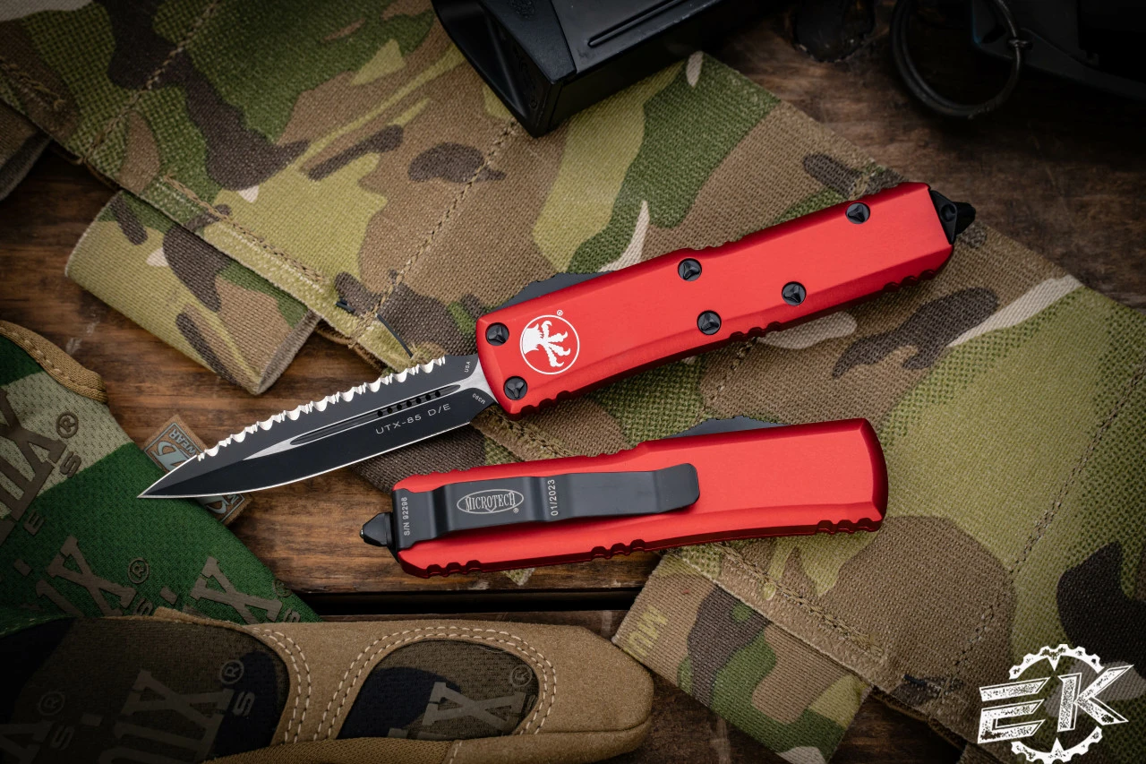 Microtech UTX-85 Red OTF Automatic 3" D/E Dagger Serrated Black 232-3RD 3 Microtech UTX-85 Red OTF Automatic 3" D/E Dagger Serrated Black 232-3RD