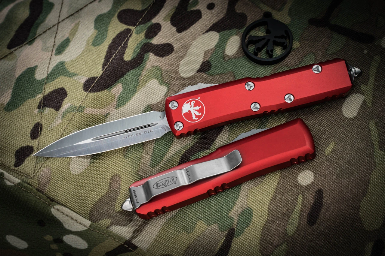 Microtech UTX-85 OTF Automatic Knife Red 3" Dagger Satin 232-4RD 3 Microtech UTX-85 OTF Automatic Knife Red 3" Dagger Satin 232-4RD