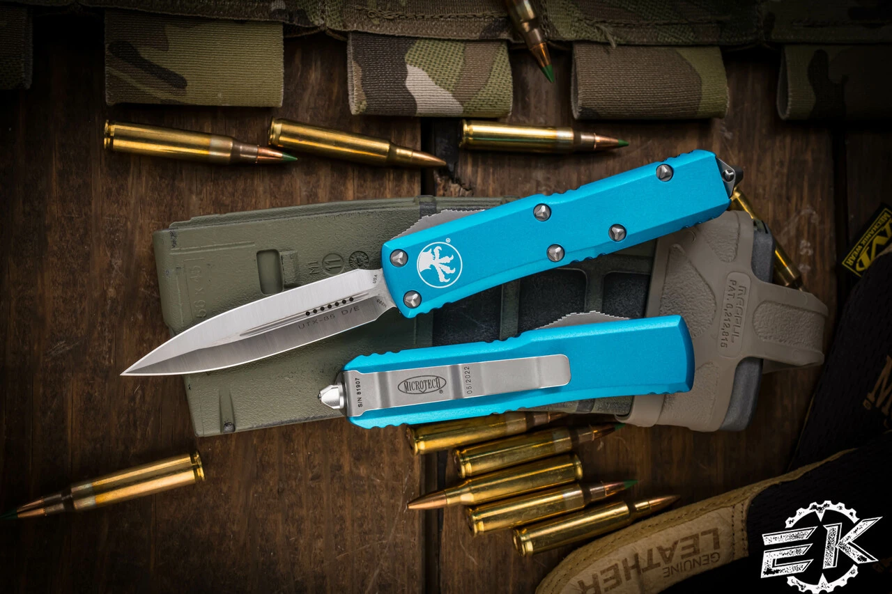 Microtech UTX-85 OTF Automatic Knife Turquoise 3" Dagger Satin 232-4TQ 3 Microtech UTX-85 OTF Automatic Knife Turquoise 3" Dagger Satin 232-4TQ