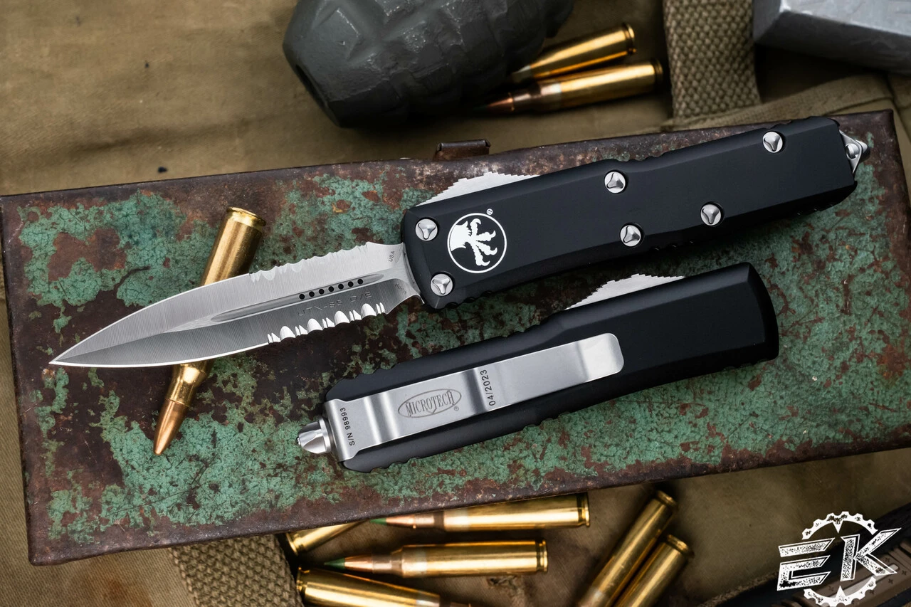 Microtech UTX-85 OTF Automatic Knife 3.1" Dagger Satin Serrated 232-5 3 Microtech UTX-85 OTF Automatic Knife 3.1" Dagger Satin Serrated 232-5