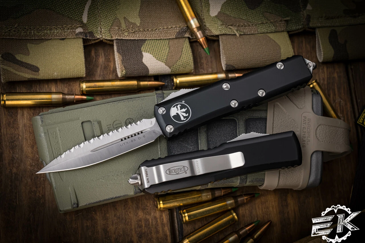 Microtech UTX-85 OTF Automatic Knife Black 3" Dagger Satin Serrated 232-6 3 Microtech UTX-85 OTF Automatic Knife Black 3" Dagger Satin Serrated 232-6