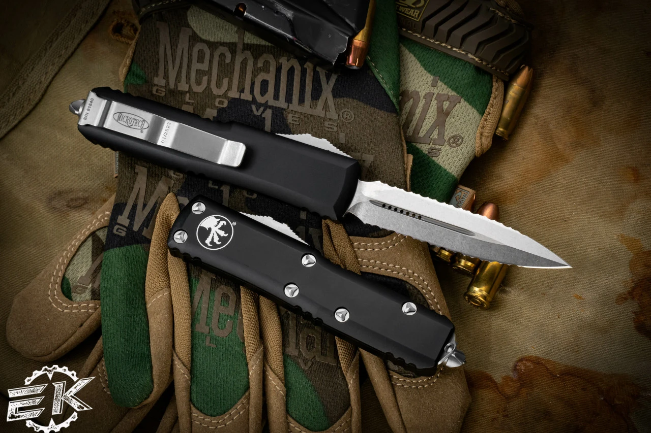 Microtech UTX-85 OTF Automatic Knife 3.1" Dagger Double Full-Serrated 232-D12 4 Microtech UTX-85 OTF Automatic Knife 3.1" Dagger Double Full-Serrated 232-D12 - Image 2