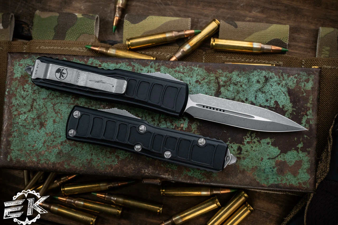 Microtech UTX-85 II Stepside OTF Automatic Knife 3" Dagger Stonewash Apocalyptic 232II-10APS 4 Microtech UTX-85 II Stepside OTF Automatic Knife 3" Dagger Stonewash Apocalyptic 232II-10APS - Image 2