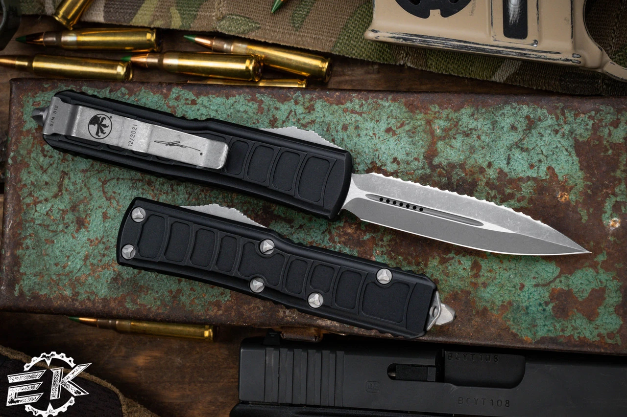 Microtech UTX-85 II Stepside OTF Automatic Knife 3" Dagger Apocalyptic Stonewash Serrated 232II-12APS 4 Microtech UTX-85 II Stepside OTF Automatic Knife 3" Dagger Apocalyptic Stonewash Serrated 232II-12APS - Image 2