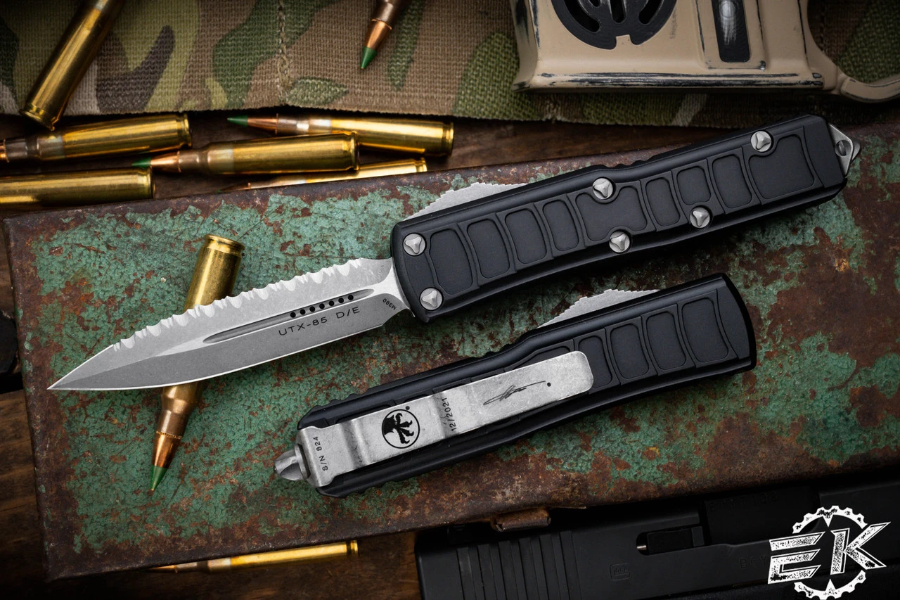 Microtech UTX-85 II Stepside OTF Automatic Knife 3" Dagger Apocalyptic Stonewash Serrated 232II-12APS 3 Microtech UTX-85 II Stepside OTF Automatic Knife 3" Dagger Apocalyptic Stonewash Serrated 232II-12APS
