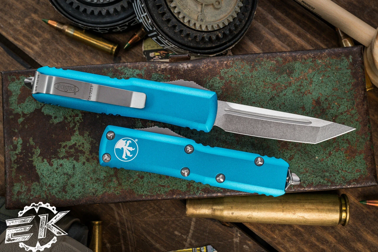 Microtech UTX-85 OTF Automatic Knife Turquoise 3.1" Tanto Stonewash 233-10TQ 4 Microtech UTX-85 OTF Automatic Knife Turquoise 3.1" Tanto Stonewash 233-10TQ - Image 2
