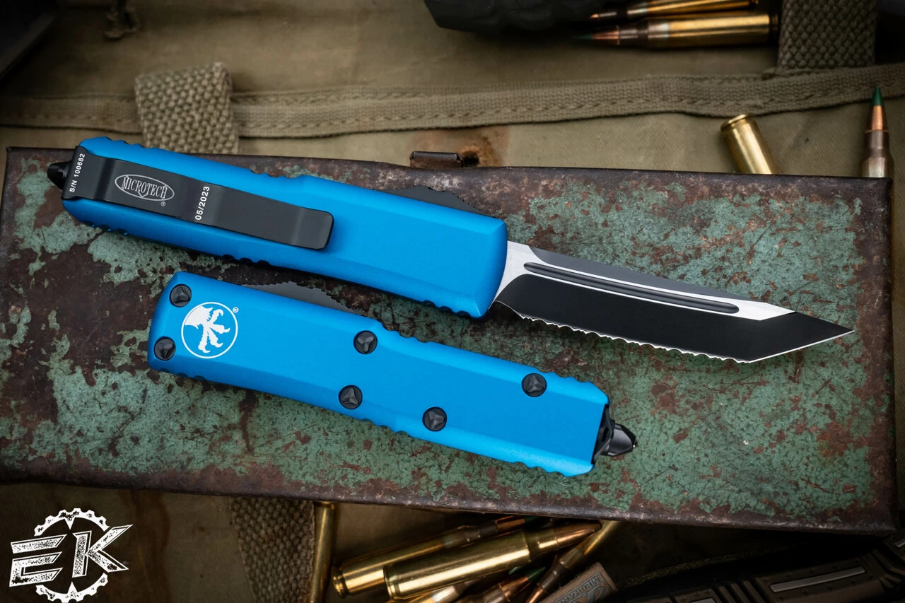 Microtech UTX-85 OTF Automatic Knife Blue 3.1" Tanto Serrated Black 233-3BL 4 Microtech UTX-85 OTF Automatic Knife Blue 3.1" Tanto Serrated Black 233-3BL - Image 2