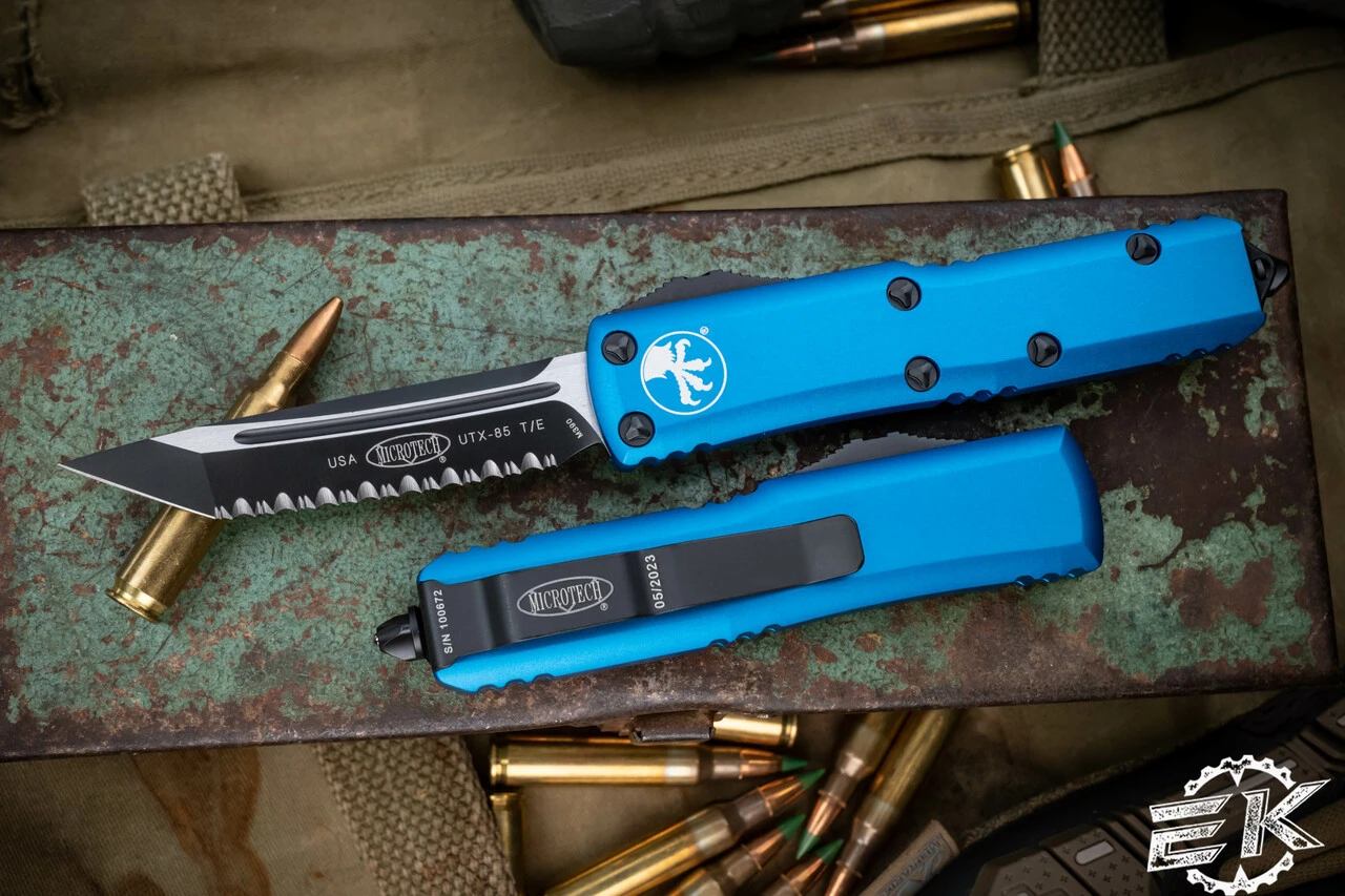 Microtech UTX-85 OTF Automatic Knife Blue 3.1" Tanto Serrated Black 233-3BL 3 Microtech UTX-85 OTF Automatic Knife Blue 3.1" Tanto Serrated Black 233-3BL