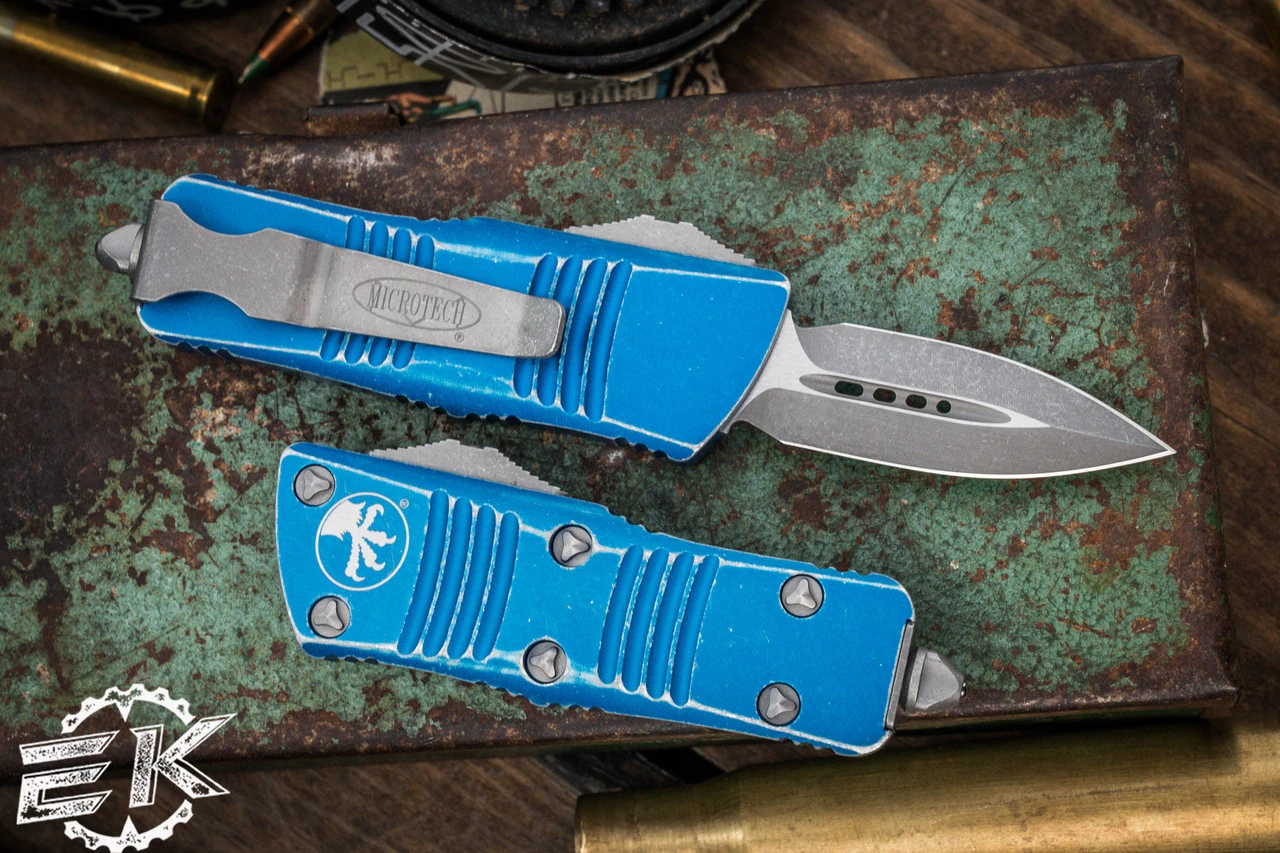 Microtech Troodon Mini OTF Automatic Knife Distressed Blue 1.9" Dagger Stonewash (Cali Legal) 238-10DBL 4 Microtech Troodon Mini OTF Automatic Knife Distressed Blue 1.9" Dagger Stonewash (Cali Legal) 238-10DBL - Image 2