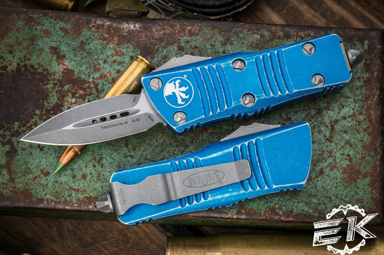 Microtech Troodon Mini OTF Automatic Knife Distressed Blue 1.9" Dagger Stonewash (Cali Legal) 238-10DBL 3 Microtech Troodon Mini OTF Automatic Knife Distressed Blue 1.9" Dagger Stonewash (Cali Legal) 238-10DBL