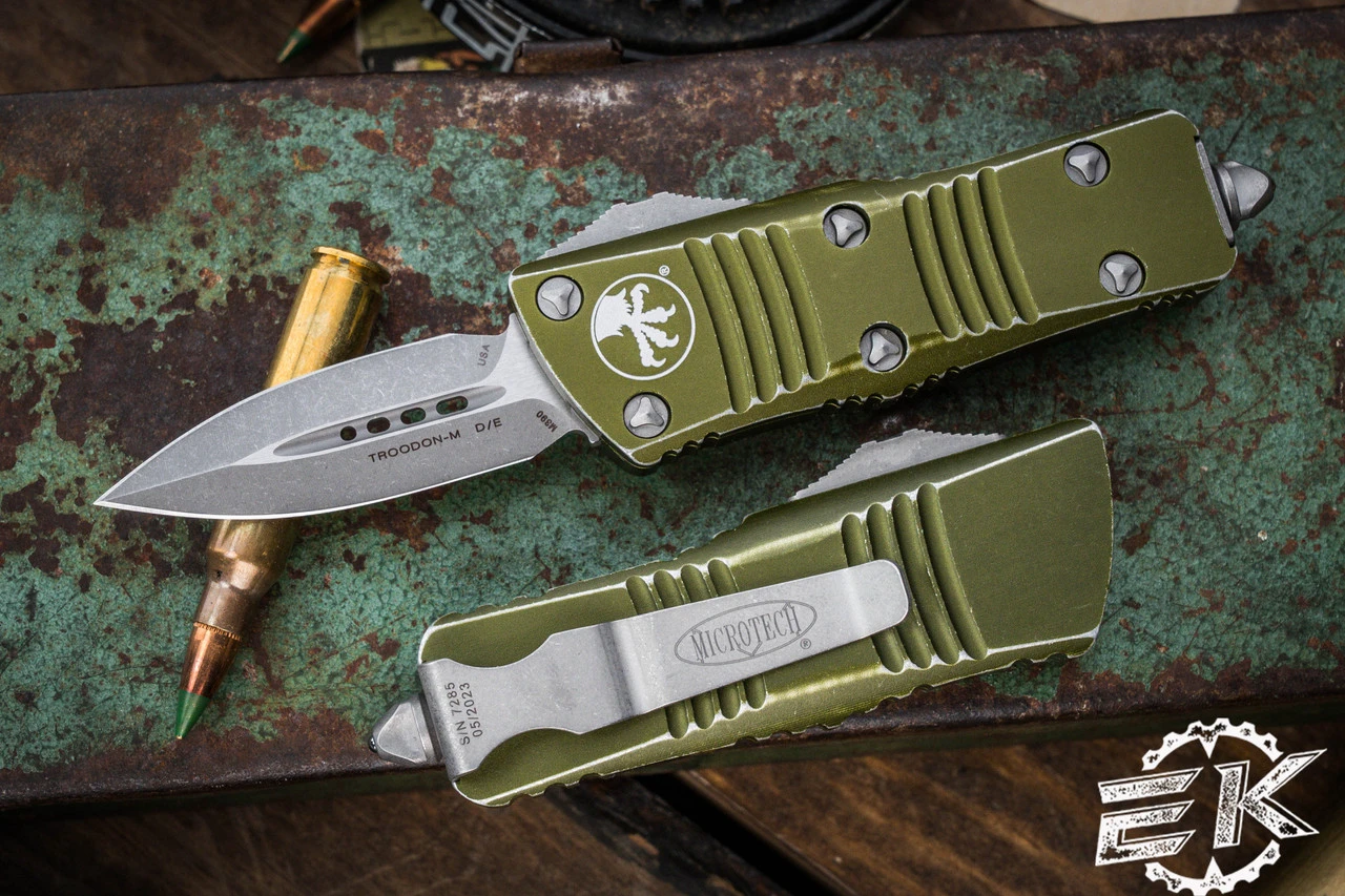 Microtech Troodon Mini OTF Automatic Knife Distressed OD Green 1.9" Dagger Stonewash (Cali Legal) 238-10DOD 3 Microtech Troodon Mini OTF Automatic Knife Distressed OD Green 1.9" Dagger Stonewash (Cali Legal) 238-10DOD