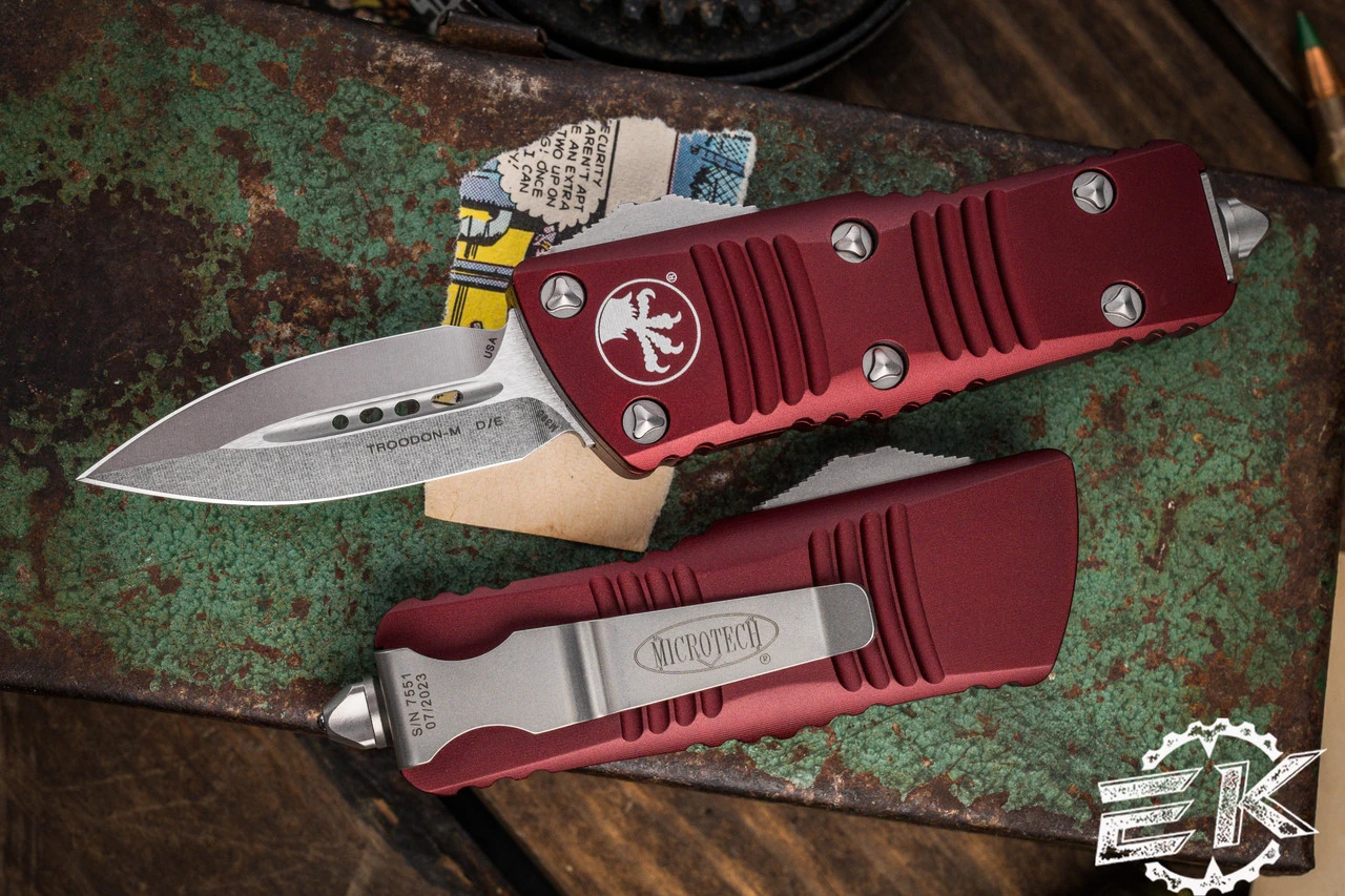 Microtech Troodon Mini OTF Automatic Knife Merlot Red 1.9" Dagger Stonewash (Cali Legal) 238-10MR 3 Microtech Troodon Mini OTF Automatic Knife Merlot Red 1.9" Dagger Stonewash (Cali Legal) 238-10MR
