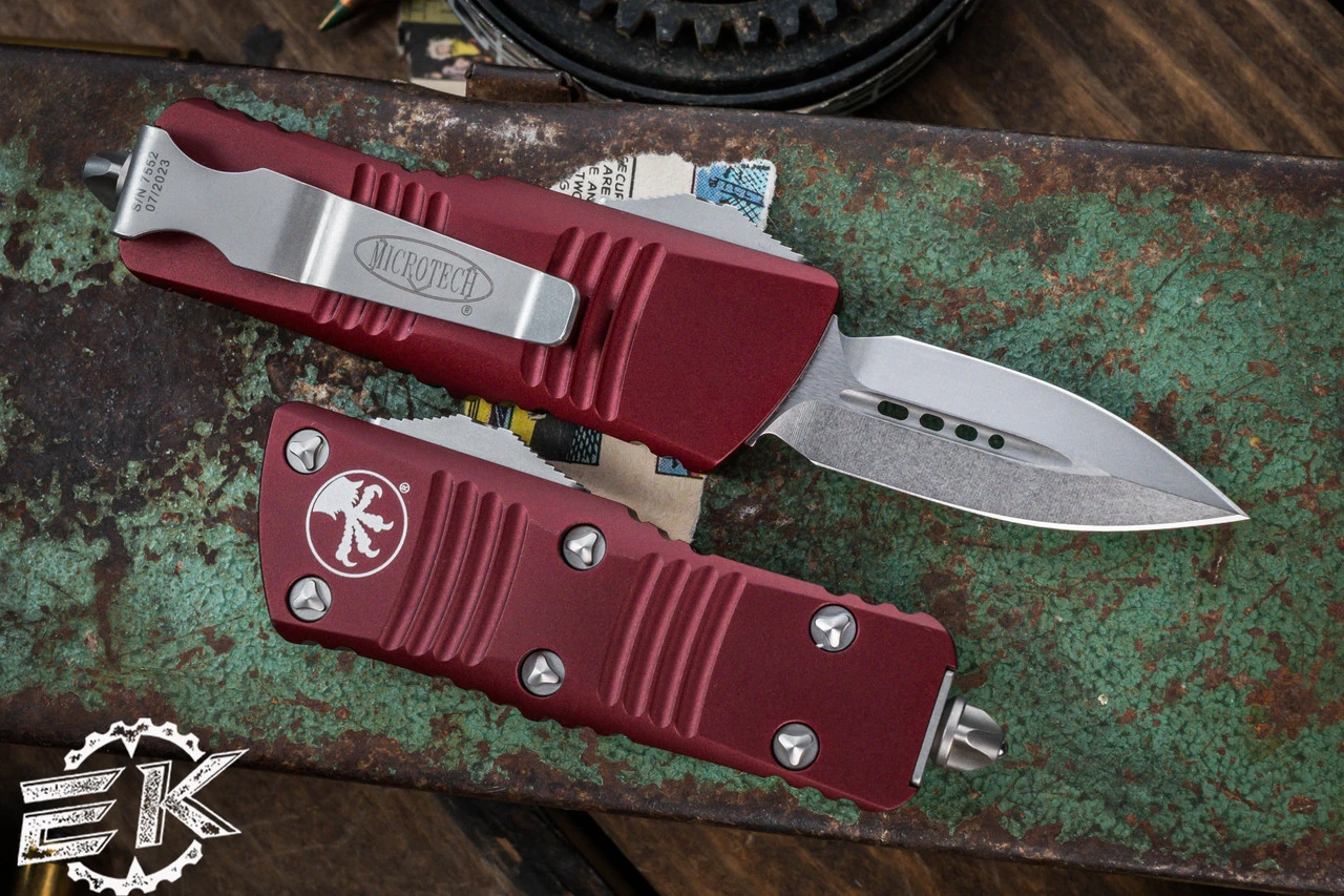 Microtech Troodon Mini OTF Automatic Knife Merlot Red 1.9" Dagger Stonewash (Cali Legal) 238-10MR 4 Microtech Troodon Mini OTF Automatic Knife Merlot Red 1.9" Dagger Stonewash (Cali Legal) 238-10MR - Image 2