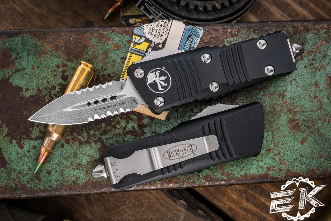 Microtech Troodon Mini OTF Automatic Knife 1.9" Dagger Stonewash Serrated (Cali Legal) 238-11 3 Microtech Troodon Mini OTF Automatic Knife 1.9" Dagger Stonewash Serrated (Cali Legal) 238-11