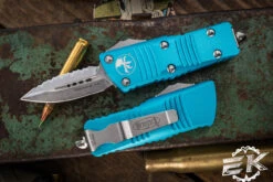 Microtech Troodon Mini OTF Automatic Knife Turquoise 1.9" Dagger Serrated Stonewash (Cali-Legal) 238-12TQ