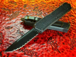 Microtech Scarab II Shadow Signature Series OTF Automatic Single Edge DLC Blackout Full Serrated