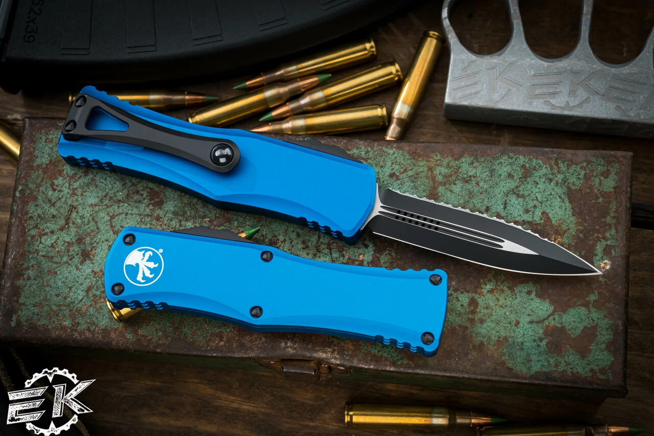Microtech Hera OTF Automatic Knife Blue 3" Dagger Black Serrated 702-3BL 4 Microtech Hera OTF Automatic Knife Blue 3" Dagger Black Serrated 702-3BL - Image 2